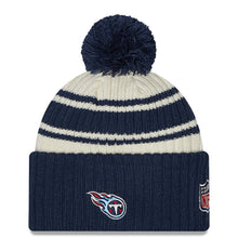 Load image into Gallery viewer, Tennessee Titans New Era NFL Cuffed Pom Knit Beanie Hat Cream/Navy Blue Crown/Visor Team Color Logo (2022 Sideline)
