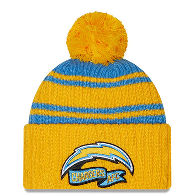 Los Angeles Chargers New Era NFL Cuffed Pom Knit Beanie Hat Sky Blue/Yellow Crown/Visor Team Color Logo (2022 Sideline)