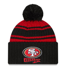 Load image into Gallery viewer, San Francisco 49ers New Era NFL Cuffed Pom Knit Beanie Hat Red/Black Crown/Visor Team Color Logo (2022 Sideline)
