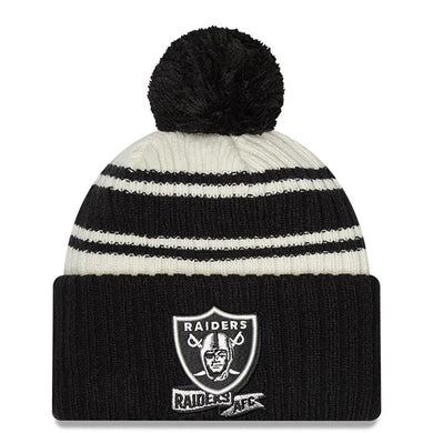 (Youth) Las Vegas Raiders New Era NFL Kid Cuffed Pom Knit Beanie Hat Cream/Black Crown/Visor Team Color Logo (2022 Sideline)