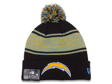 Los Angeles Chargers New Era NFL Chilled Cuffed Pom Knit Hat Beanie Hat Black/Sky Blue/Yellow Crown/Visor Team Color Logo