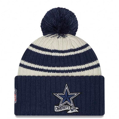 Dallas Cowboys New Era NFL Cuffed Pom Knit Beanie Hat Cream/Navy Blue Crown/Visor Team Color Logo (2022 Sideline)