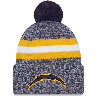 Los Angeles Chargers New Era NFL Cuffed Pom Knit Beanie Hat Navy/Gray/Yellow Crown/Visor Navy Blue/Yellow Logo (2023 Sideline)