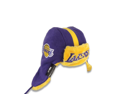 Los Angeles Lakers New Era NBA Helmet Head Trapper Knit Beanie Hat Yellow/Purple Crown/Visor Team Color Logo