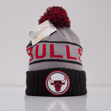 Chicago Bulls Mitchell & Ness NBA Pom Knit Beanie Hat Red/Gray/Black Crown/Visor Team Color Logo