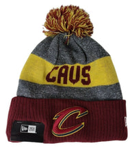 Load image into Gallery viewer, Cleveland Cavaliers New Era NBA Cuffed Pom 2016 Sideline Knit Hat Team Color Gray/Yellow/Cardinal Crown/Cuff cardinal/Yellow Logo
