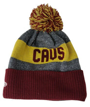 Load image into Gallery viewer, Cleveland Cavaliers New Era NBA Cuffed Pom 2016 Sideline Knit Hat Team Color Gray/Yellow/Cardinal Crown/Cuff cardinal/Yellow Logo
