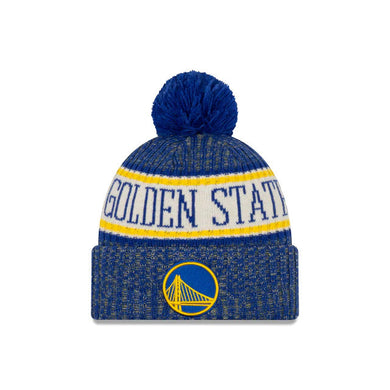 Golden State Warriors New Era NBA Cuffed Pom Knit Sideline 2018 Hat Royal Blue/Yellow/White Crown/Visor Team Color Logo