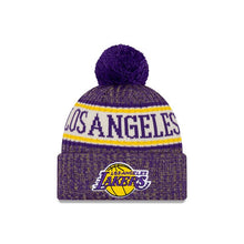 Load image into Gallery viewer, Los Angeles Lakers New Era NBA 2018 Sideline Cuffed Pom Knit Purple/Yellow/White Team Color Logo 

