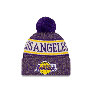 Los Angeles Lakers New Era NBA 2018 Sideline Cuffed Pom Knit Purple/Yellow/White Team Color Logo 