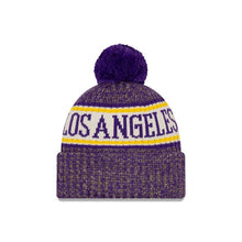 Load image into Gallery viewer, Los Angeles Lakers New Era NBA 2018 Sideline Cuffed Pom Knit Purple/Yellow/White Team Color Logo 
