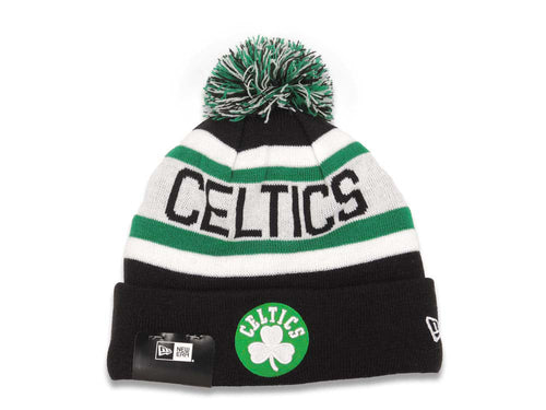 Boston Celtics New Era NBA Cuffed Pom Knit Hat Black/White/Green Crown/Visor Team Color Logo