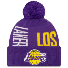 Load image into Gallery viewer, Los Angeles Lakers New Era NBA 2019 Tip Off Cuffed Pom Knit Hat Purple/Yellow Crown/Visor Team Color Logo
