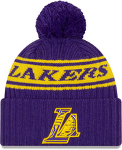 Load image into Gallery viewer, Los Angeles Lakers New Era NBA Cuffed Pom Knit Beanie Hat Yellow/Purple Crown/Visor Team Color Logo (Draft)
