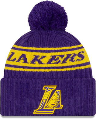 Los Angeles Lakers New Era NBA Cuffed Pom Knit Beanie Hat Yellow/Purple Crown/Visor Team Color Logo (Draft)