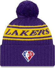 Load image into Gallery viewer, Los Angeles Lakers New Era NBA Cuffed Pom Knit Beanie Hat Yellow/Purple Crown/Visor Team Color Logo (Draft)
