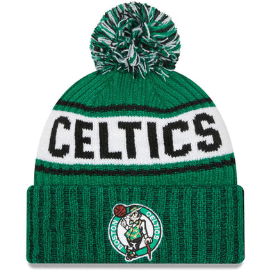 Boston Celtics New Era NBA Cuffed Pom Knit Beanie Hat White/Green Crown/Visor Team Color Logo (Knit Marl)