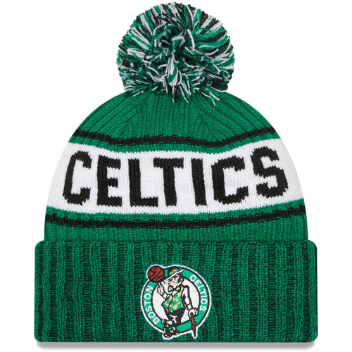 Boston Celtics New Era NBA Cuffed Pom Knit Beanie Hat White/Green Crown/Visor Team Color Logo (Knit Marl)