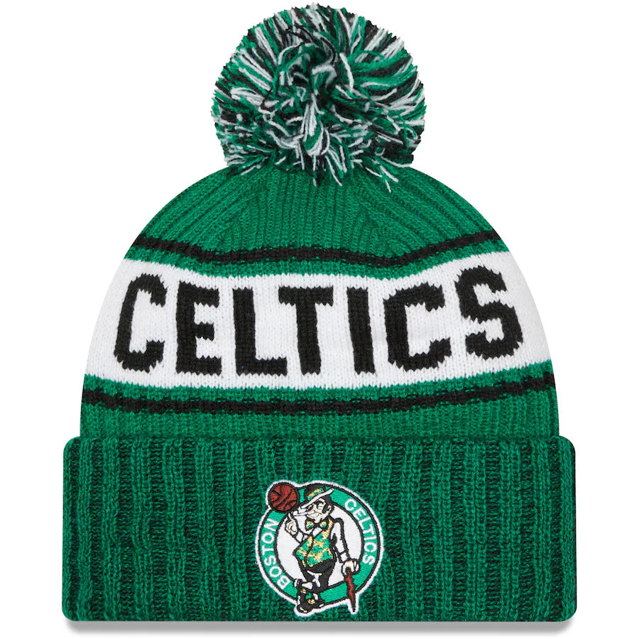 Boston Celtics New Era NBA Cuffed Pom Knit Beanie Hat White/Green Crown/Visor Team Color Logo (Knit Marl)
