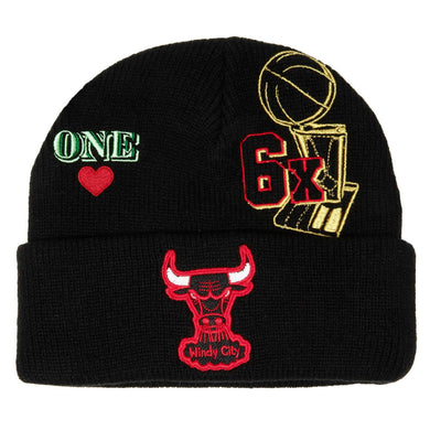 Chicago Bulls Mitchell & Ness NBA Cuffed Knit Beanie Hat Black Crown/Visor Team Color Logo With Patches (Hyper Local)