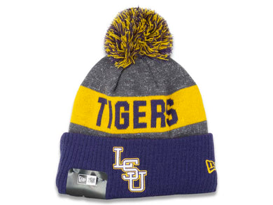 LSU Tigers New Era NCAA Cuffed Pom 2016 Sideline Knit Hat Team Color Gray/Yellow/Navy Crown/Cuff White/Yellow Logo