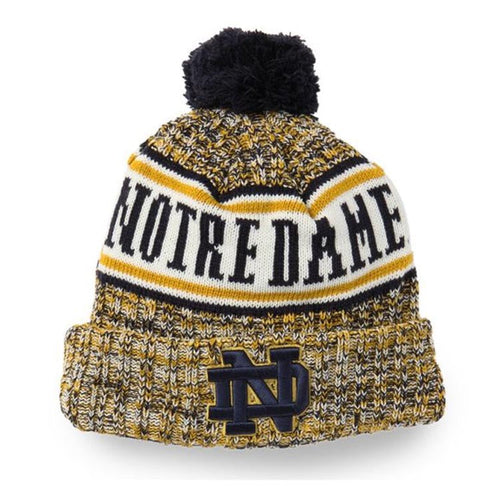 Notre Dame Fighting Irish New Era NCAA Cuffed Pom Knit Beanie Hat Navy/Gold Crown/Visor Navy Blue Logo (2018 Sideline)