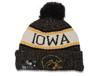 Iowa Hawkeyes New Era NCAA Cuffed Pom 2018 Sideline Knit Beanie Hat Black/White/Yellow Crown/Visor Team Color Logo