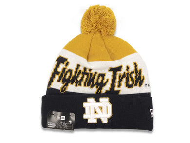 Notre Dame Fighting Irish New Era NCAA Script A3 Cuffed Pom Knit Beanie Hat Yellow/White/Black Crown/Visor Team Color Logo
