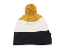Load image into Gallery viewer, Notre Dame Fighting Irish New Era NCAA Script A3 Cuffed Pom Knit Beanie Hat Yellow/White/Black Crown/Visor Team Color Logo
