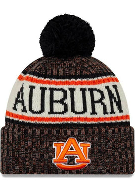 Auburn Tigers New Era NCAA Cuffed Pom Knit Hat White/Black/Orange Crown/Visor Orange Logo (2018 Sideline)