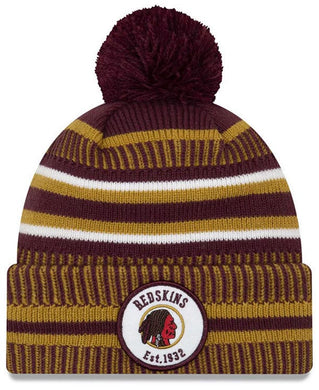 Washington Redskins New Era NFL 2019 Sideline Cuffed Pom Knit Hat Maroon/Yellow Crown/Visor Team Color Logo