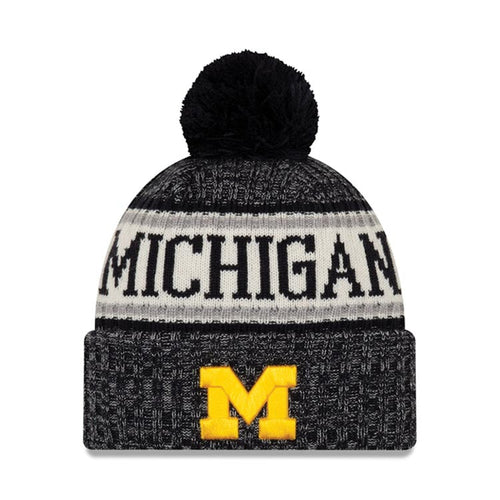 Michigan Wolverines New Era NCAA Cuffed Pom Knit Hat Black/White/Gray Crown/Visor Yellow Logo (2018 Sideline)