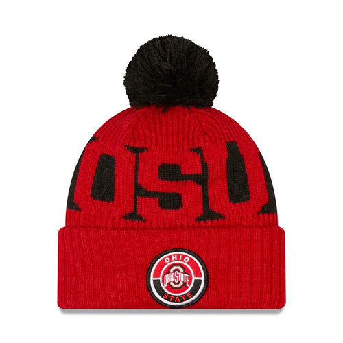 Ohio State Buckeyes New Era NCAA Cuffed Pom Knit Beanie Hat Black/Red Crown/Visor Team Color Logo (2020 Sideline)